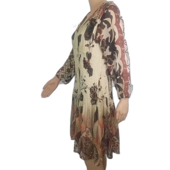 Desigual by Christian Lacroix Brown Pleated Floral Midi Long Sleeve Dress Size 8 - Picture 4 of 8